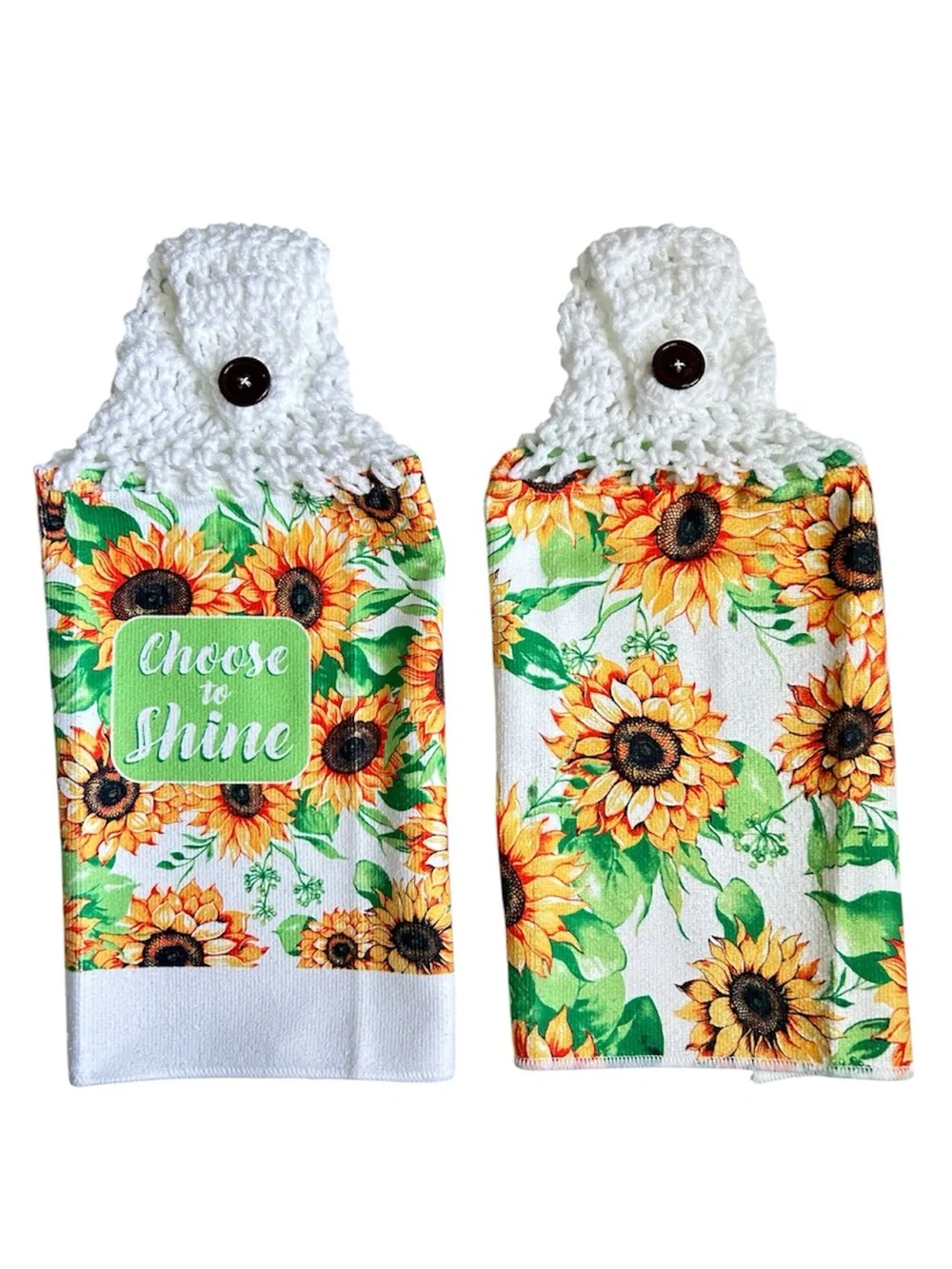 Hand Crafted Sunflower Hanging Kitchen Towels - White, Yellow & Green